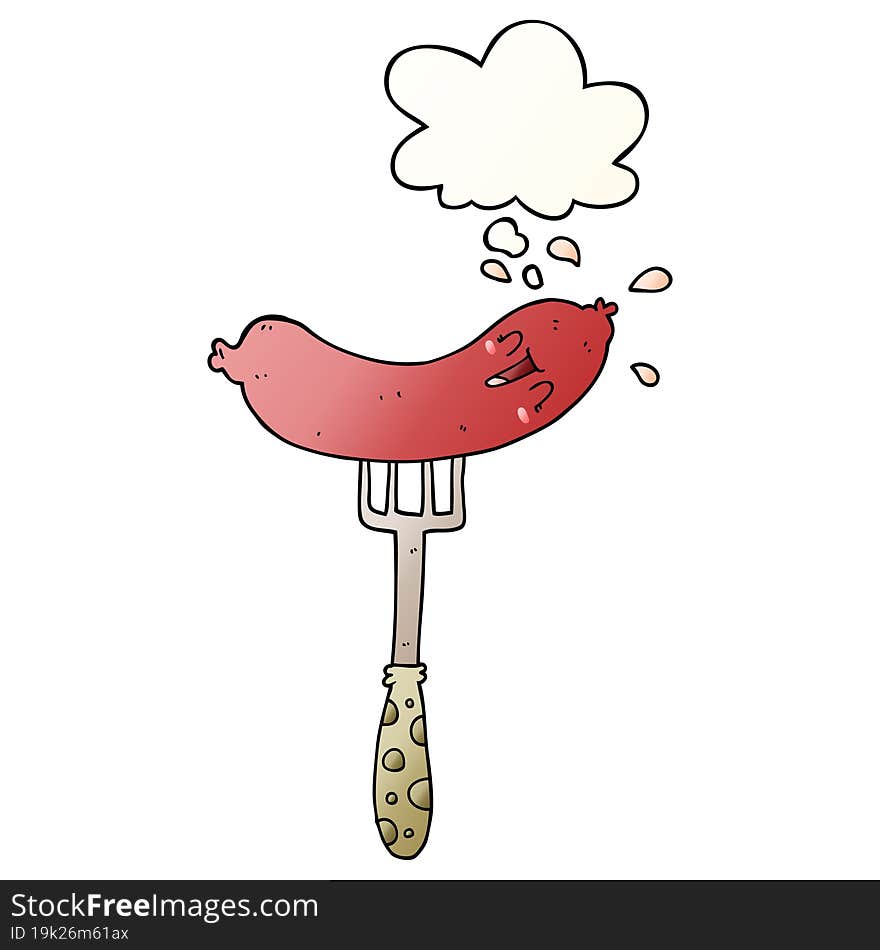 cartoon happy sausage on fork and thought bubble in smooth gradient style