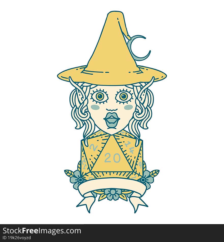 Elf Mage Character With Natural Twenty Dice Roll Illustration