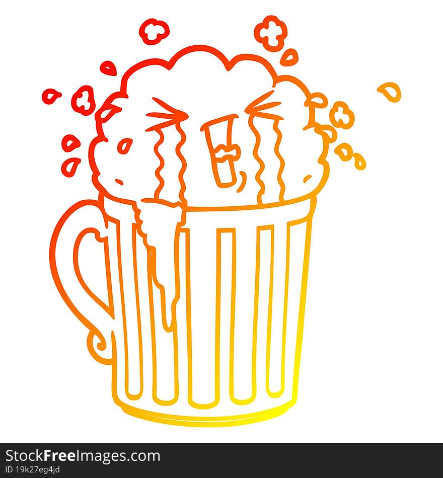 warm gradient line drawing cartoon mug of beer crying