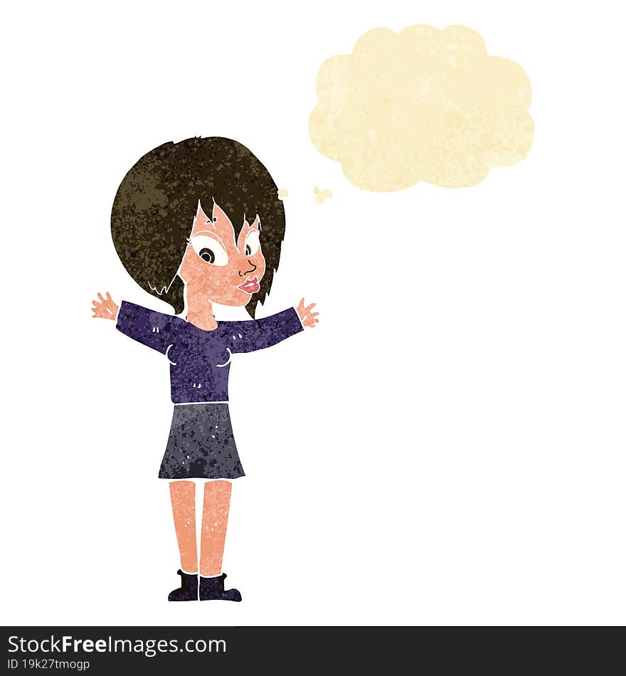 cartoon woman with open arms with thought bubble