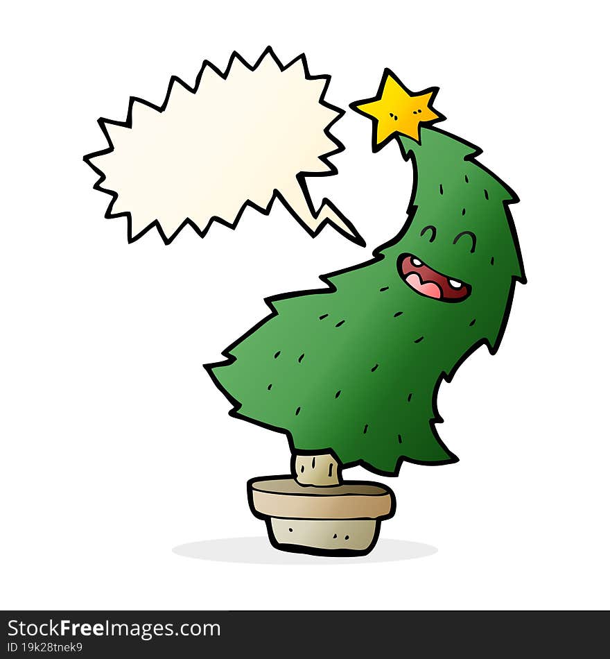 cartoon dancing christmas tree with speech bubble