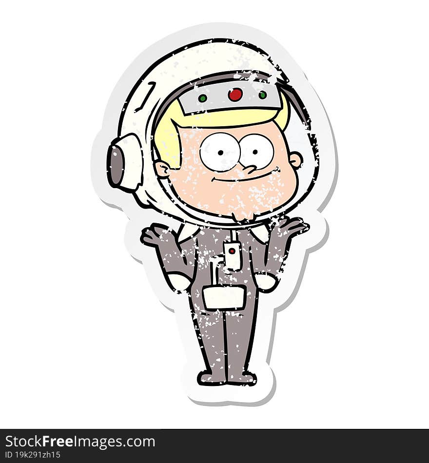 distressed sticker of a happy astronaut cartoon