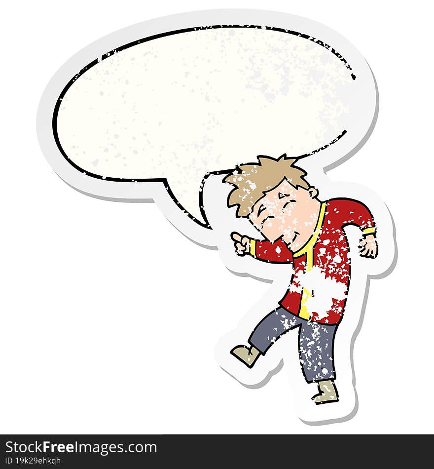 cartoon dancing man and speech bubble distressed sticker