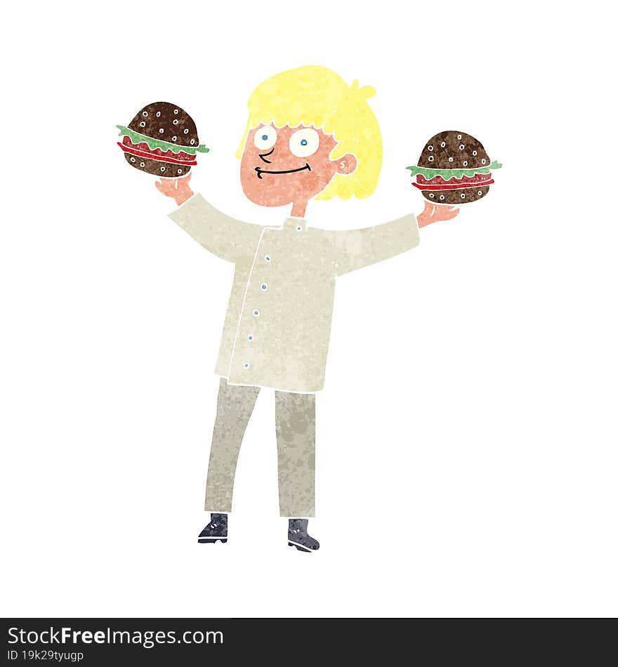 retro cartoon chef with burgers