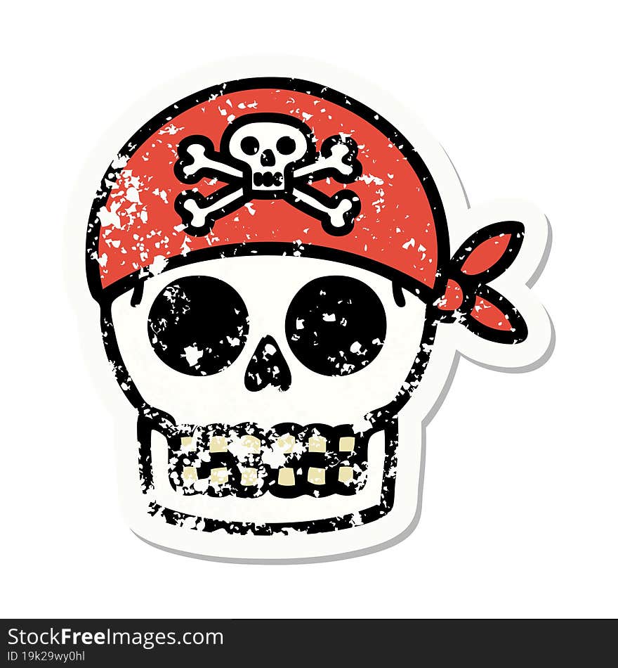 traditional distressed sticker tattoo of a pirate skull