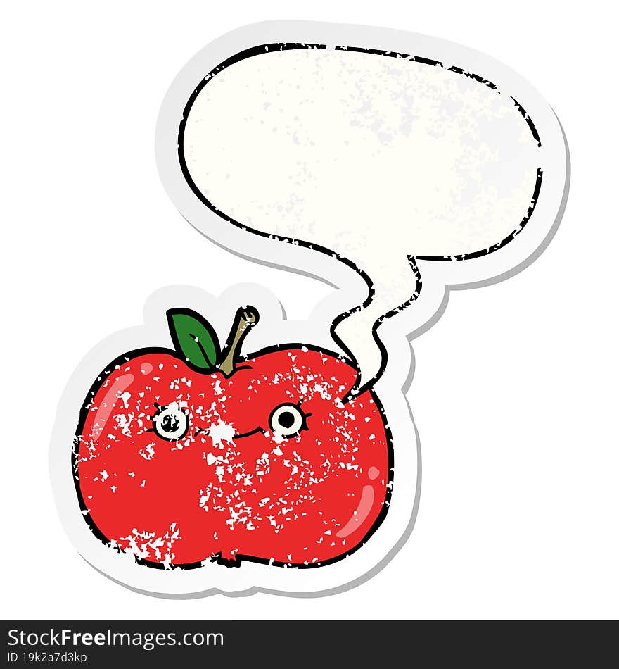 cute cartoon apple with speech bubble distressed distressed old sticker. cute cartoon apple with speech bubble distressed distressed old sticker