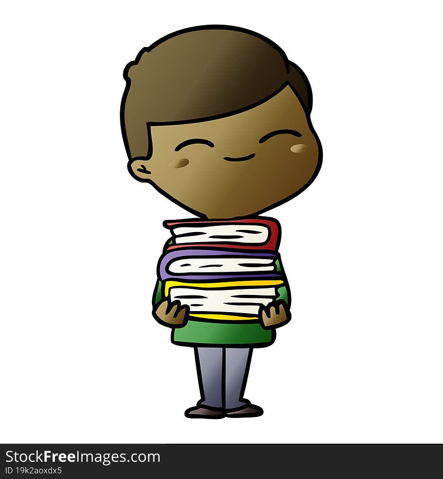 cartoon smiling boy with stack of books. cartoon smiling boy with stack of books