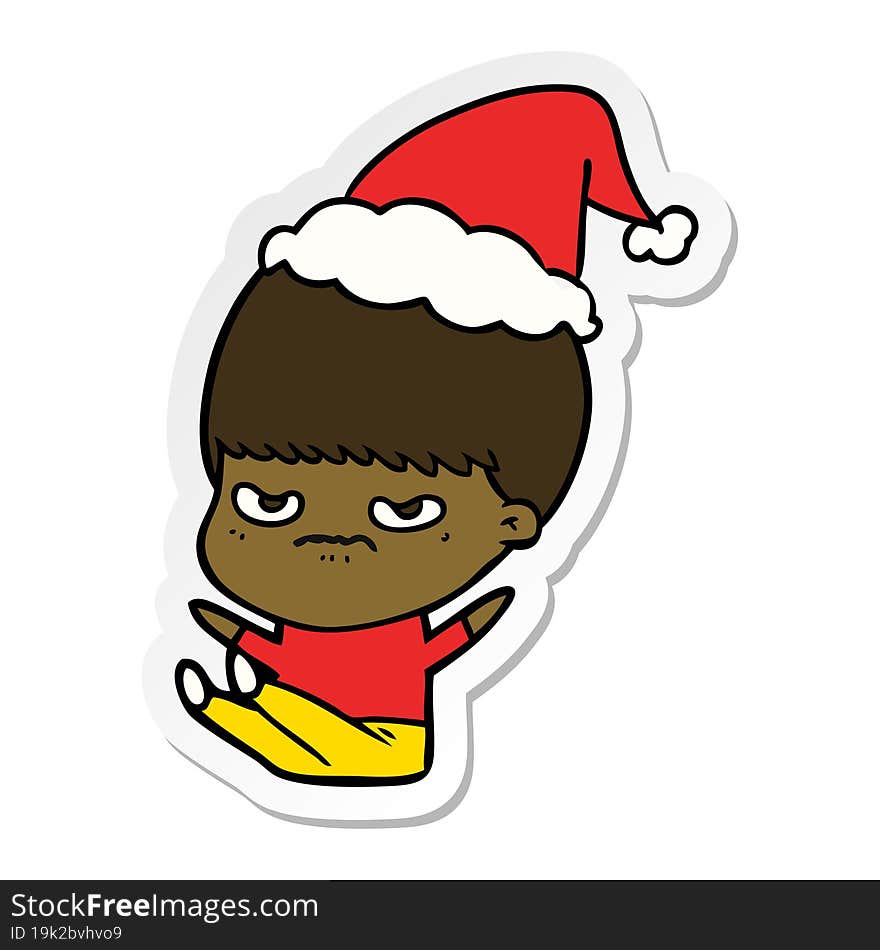 hand drawn sticker cartoon of a boy wearing santa hat