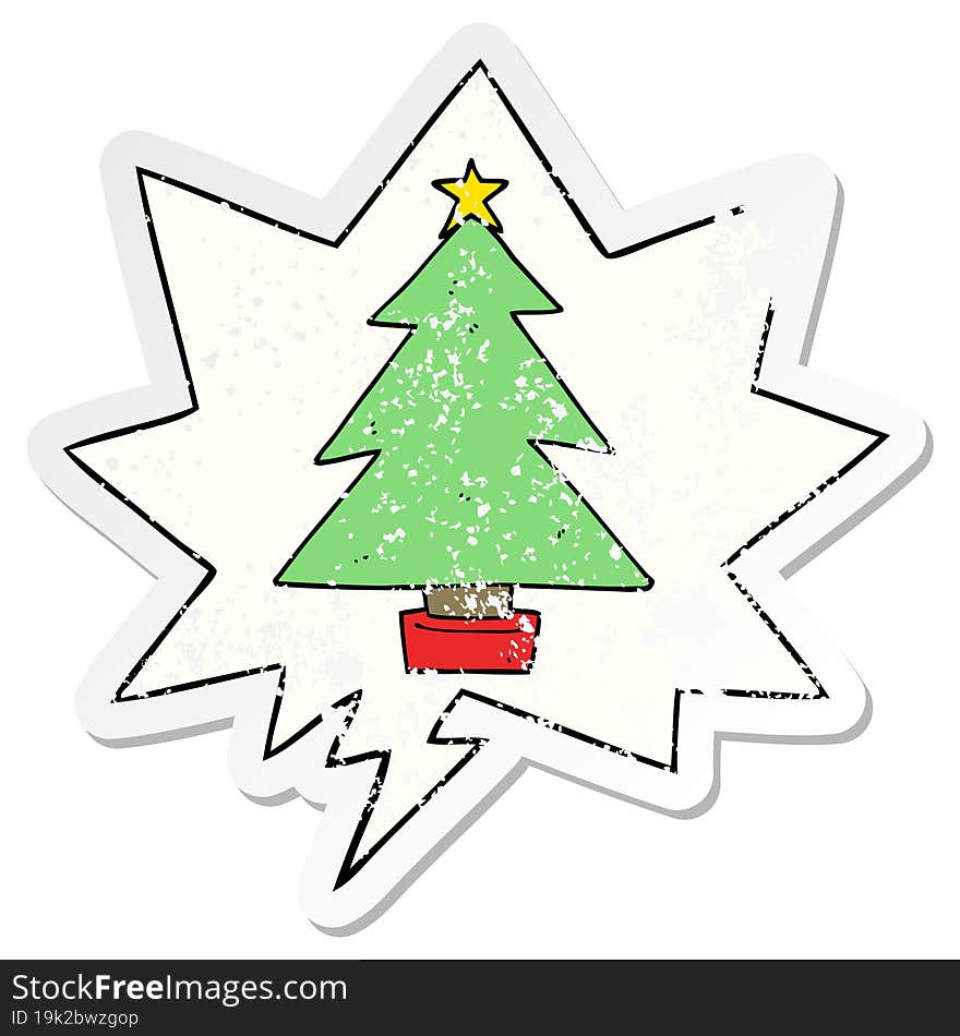 cartoon christmas tree and speech bubble distressed sticker