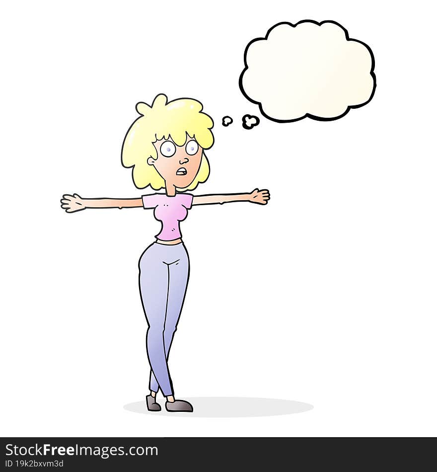 thought bubble cartoon woman spreading arms