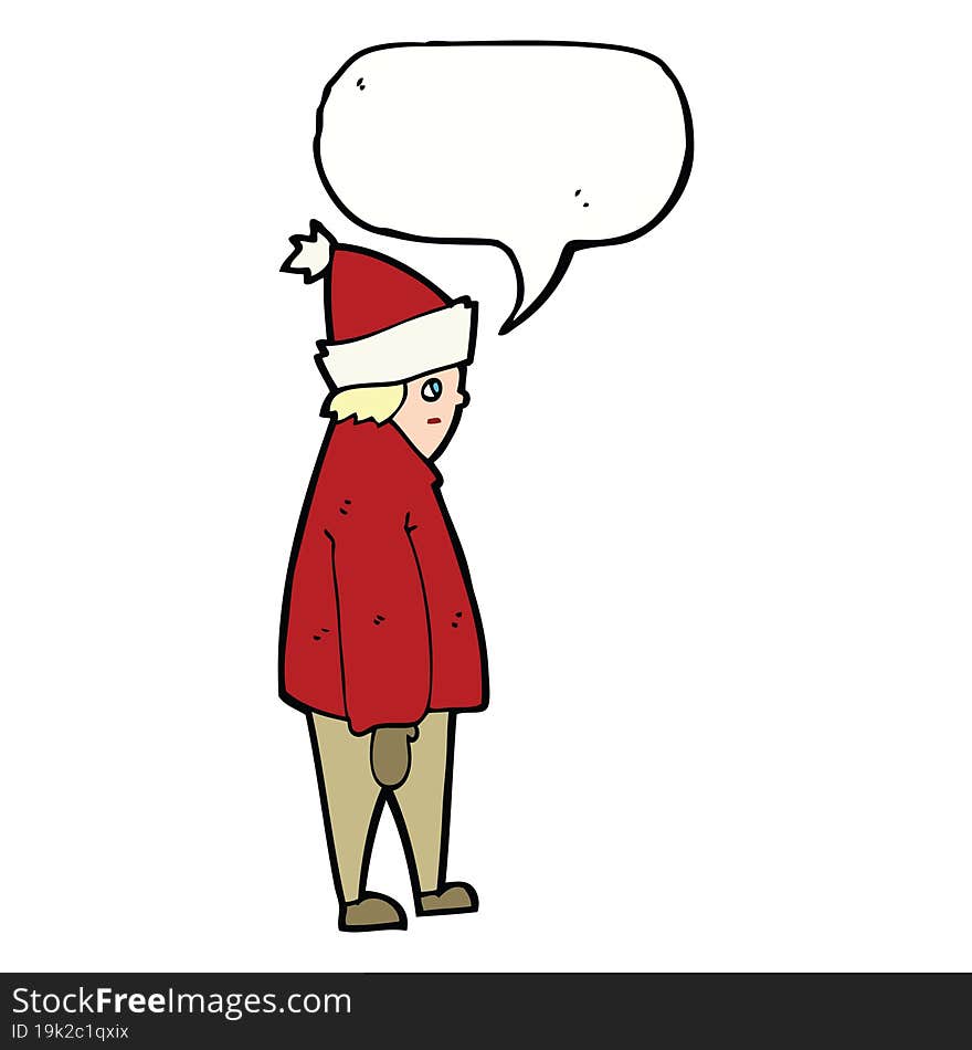 cartoon person in winter clothes with speech bubble