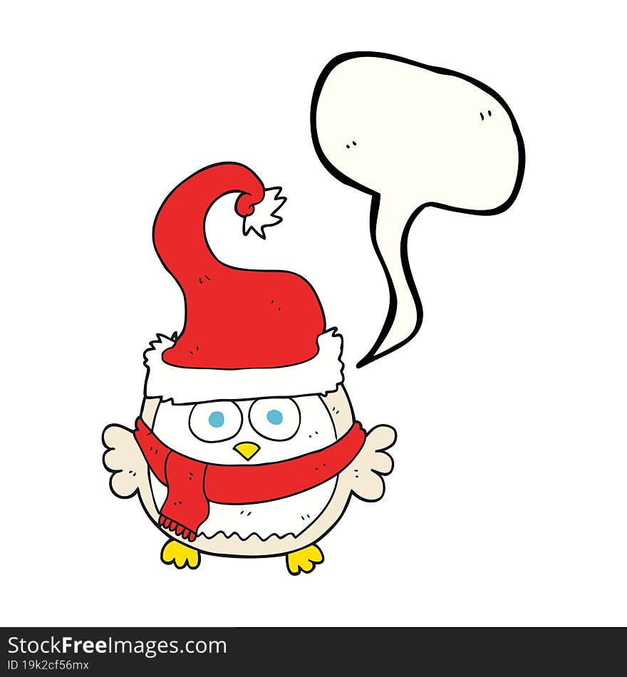 Speech Bubble Cartoon Owl Wearing Christmas Hat