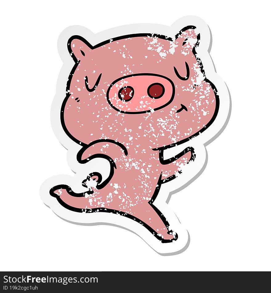 distressed sticker of a cartoon content pig running