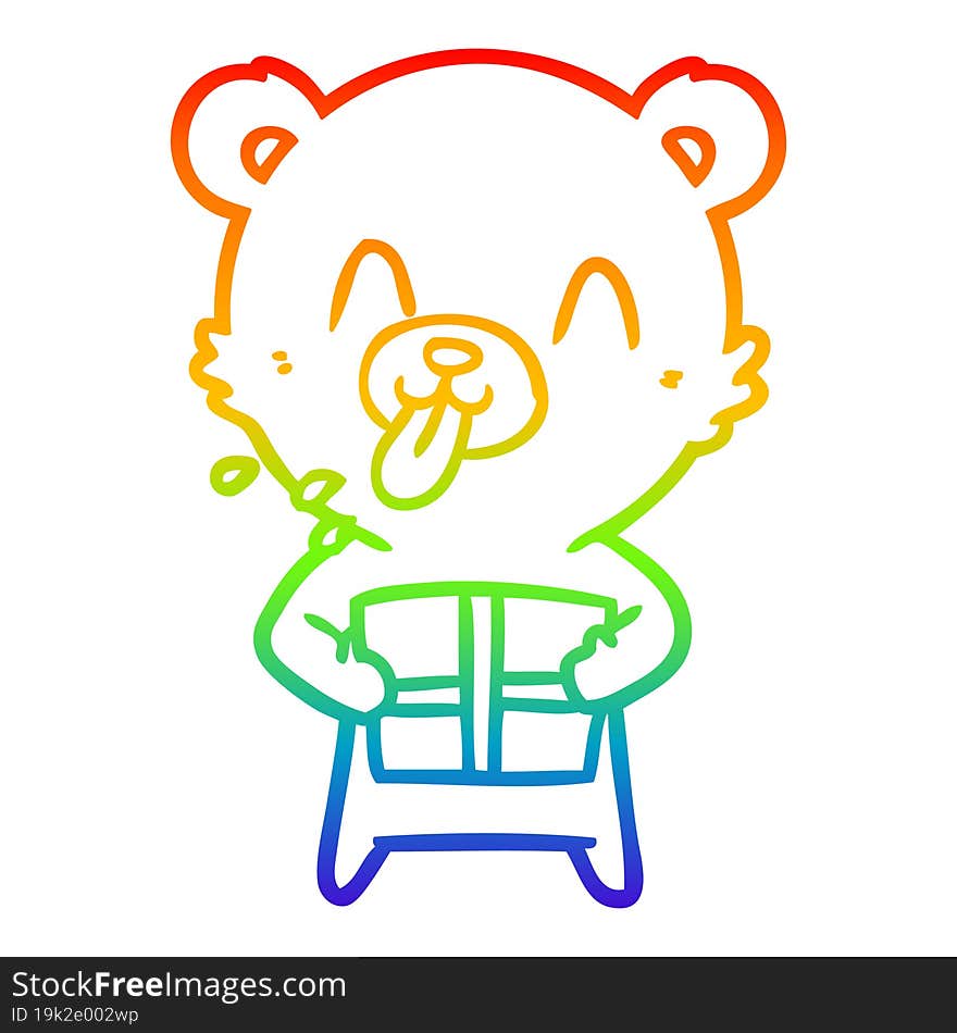 rainbow gradient line drawing of a rude cartoon polar bear sticking out tongue with present