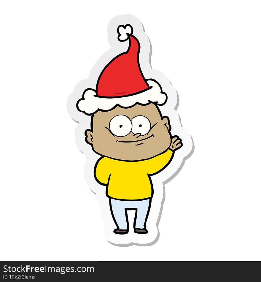 sticker cartoon of a bald man staring wearing santa hat