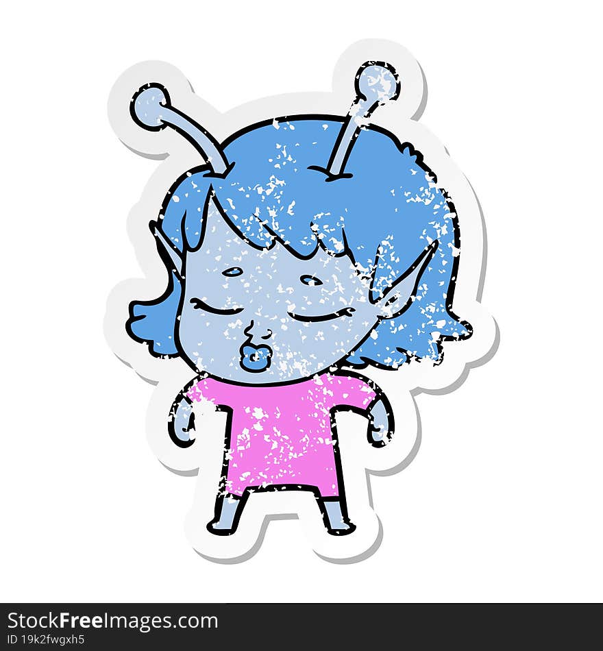 distressed sticker of a cute alien girl cartoon