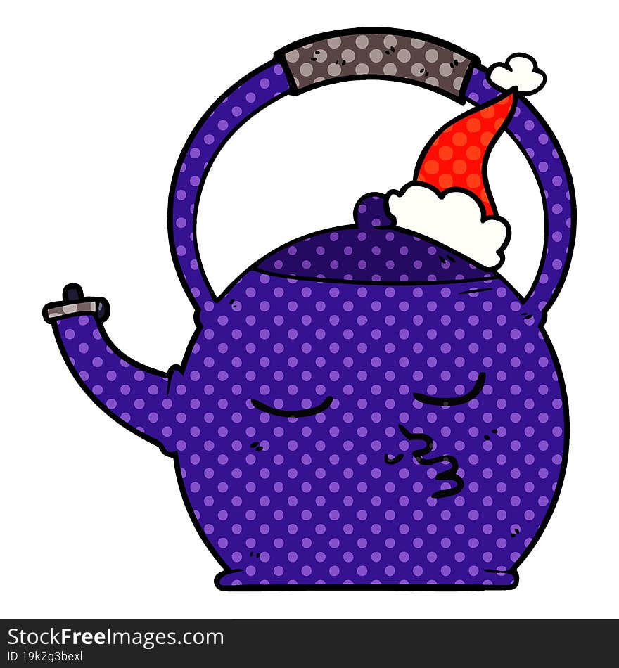 comic book style illustration of a kettle wearing santa hat