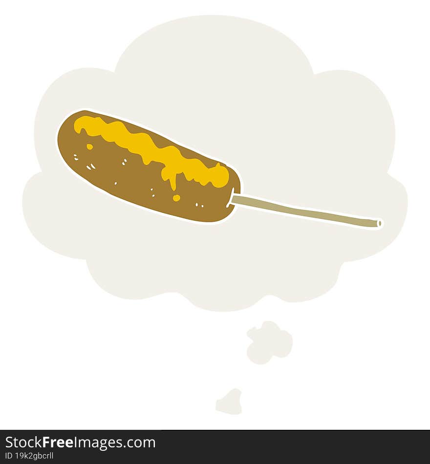 cartoon hotdog on a stick and thought bubble in retro style