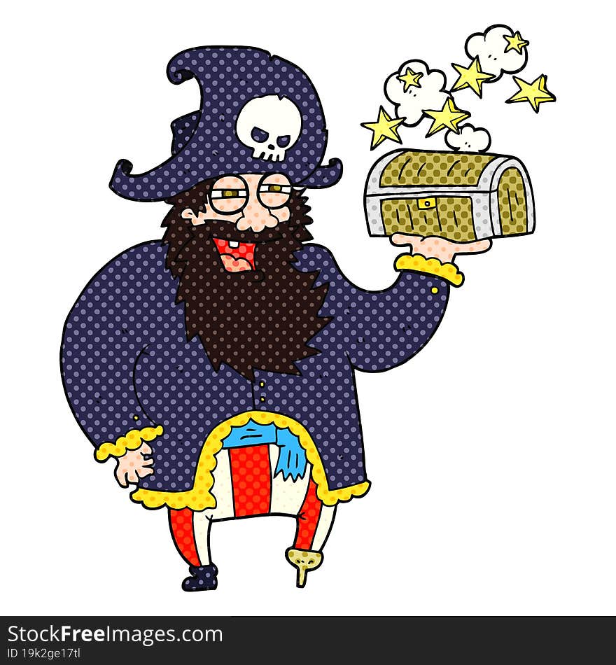 cartoon pirate captain with treasure chest