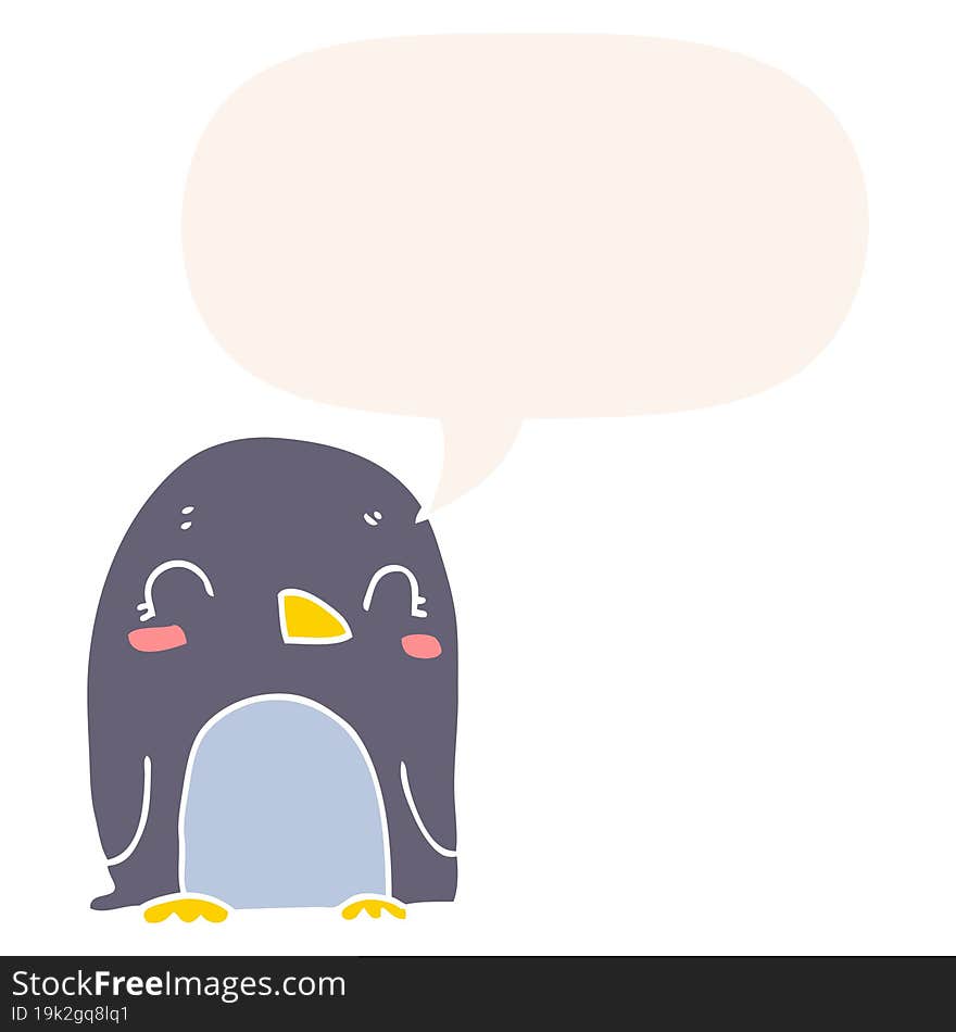 cartoon penguin and speech bubble in retro style