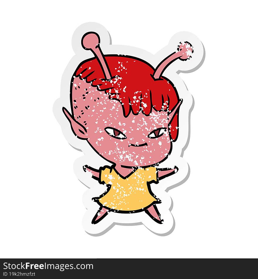 distressed sticker of a cute cartoon alien girl