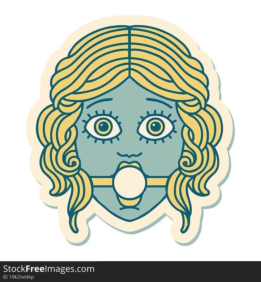 tattoo style sticker of female face with ball gag