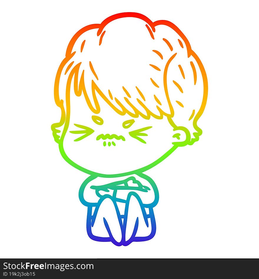 Rainbow Gradient Line Drawing Cartoon Frustrated Woman