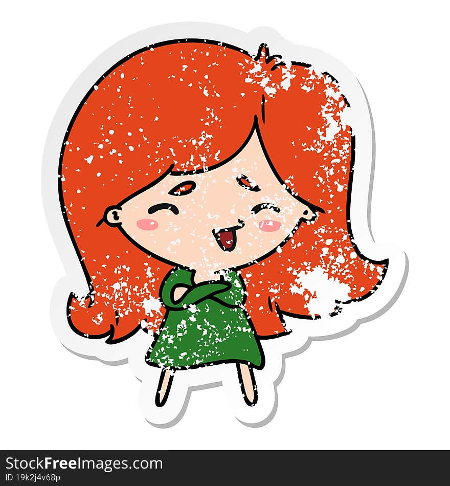 distressed sticker cartoon illustration of a cute kawaii girl. distressed sticker cartoon illustration of a cute kawaii girl