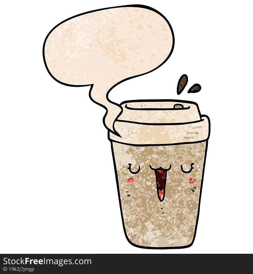 cartoon coffee cup with speech bubble in retro texture style