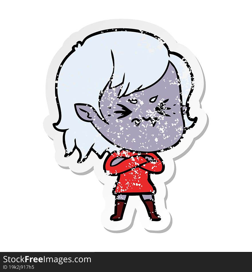 distressed sticker of a annoyed cartoon vampire girl