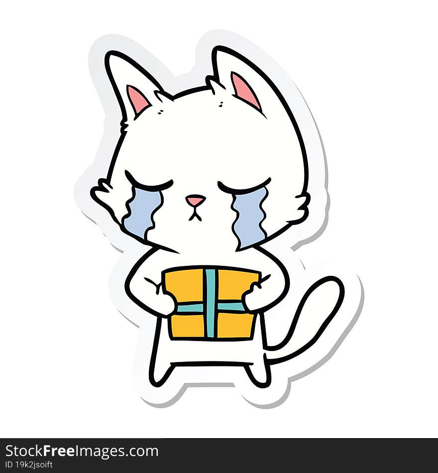 sticker of a crying cartoon cat holding christmas present