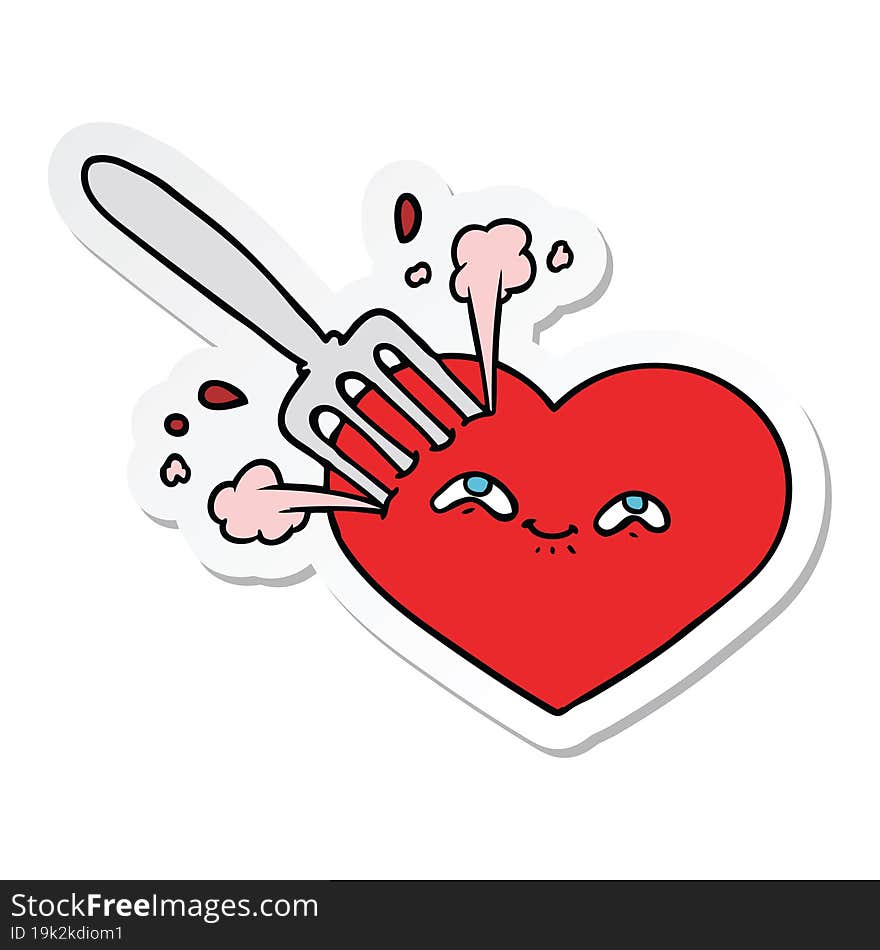 sticker of a cartoon love heart stuck with fork