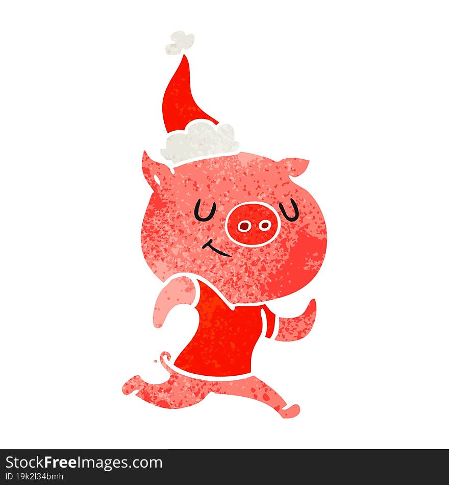 happy hand drawn retro cartoon of a pig running wearing santa hat. happy hand drawn retro cartoon of a pig running wearing santa hat