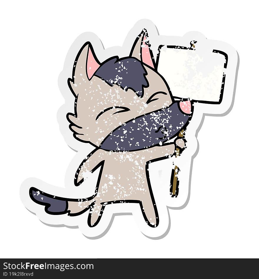 distressed sticker of a cartoon wolf with protest sign