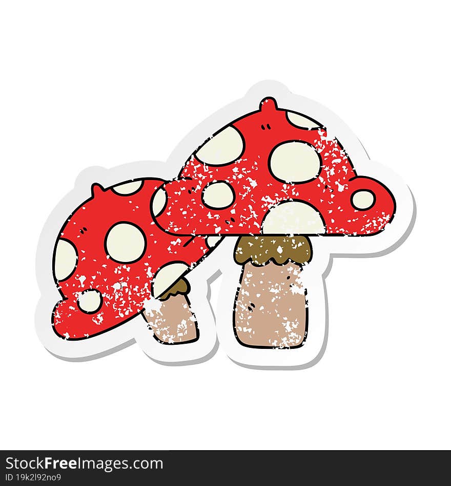 distressed sticker of a quirky hand drawn cartoon toadstools