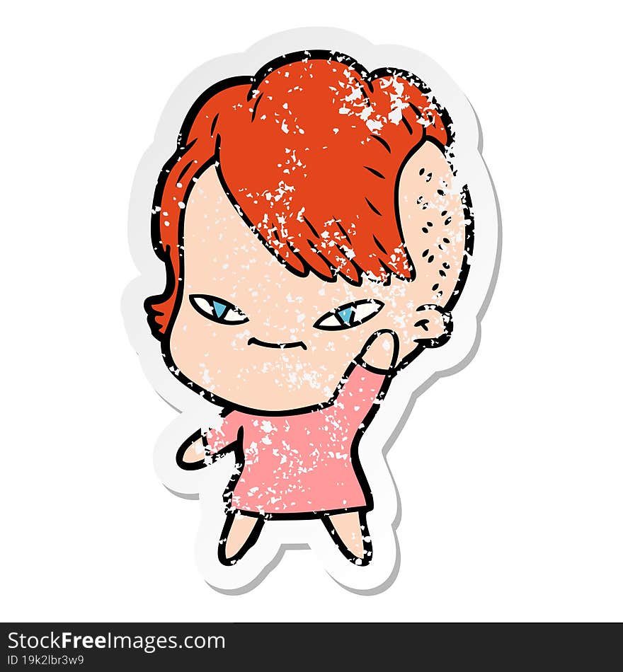 Distressed Sticker Of A Cute Cartoon Girl With Hipster Haircut