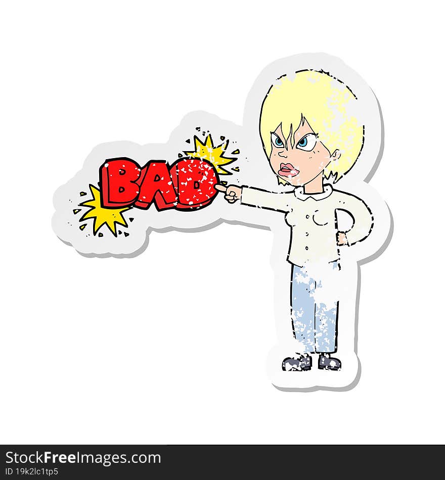 retro distressed sticker of a cartoon woman accusing