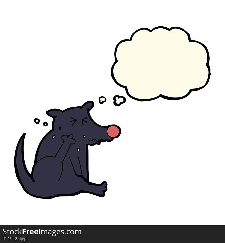 cartoon dog scratching with thought bubble