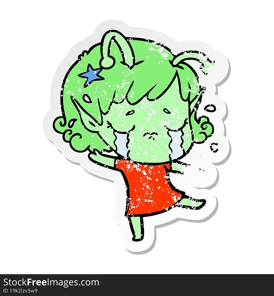 Distressed Sticker Of A Cartoon Crying Alien Girl