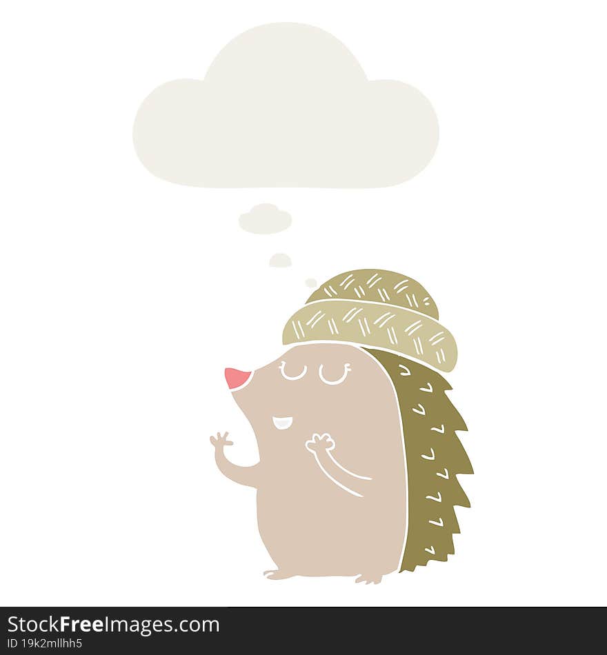 cartoon hedgehog wearing hat with thought bubble in retro style