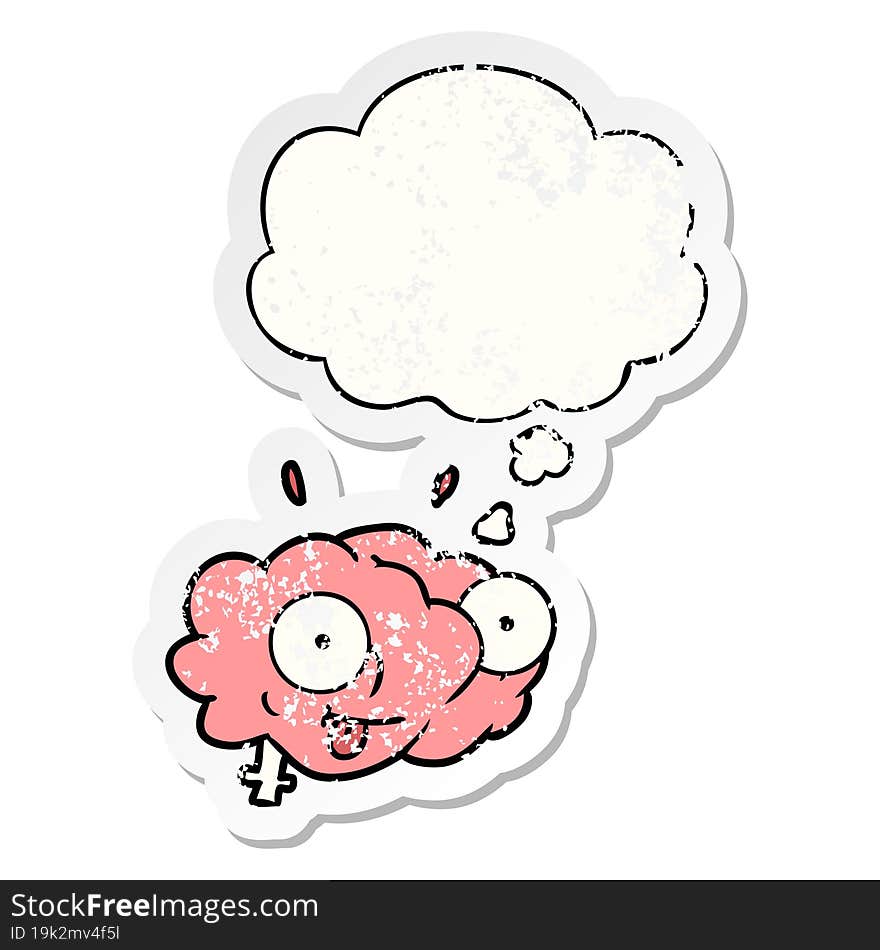 funny cartoon brain with thought bubble as a distressed worn sticker