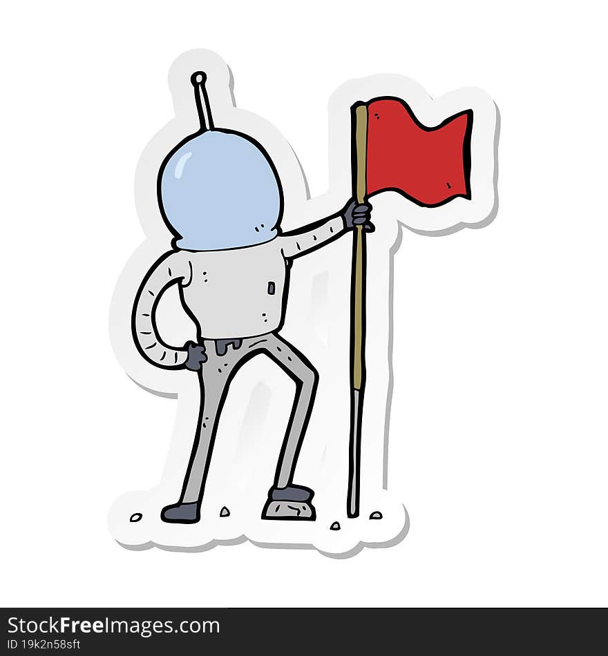 sticker of a cartoon astronaut planting flag