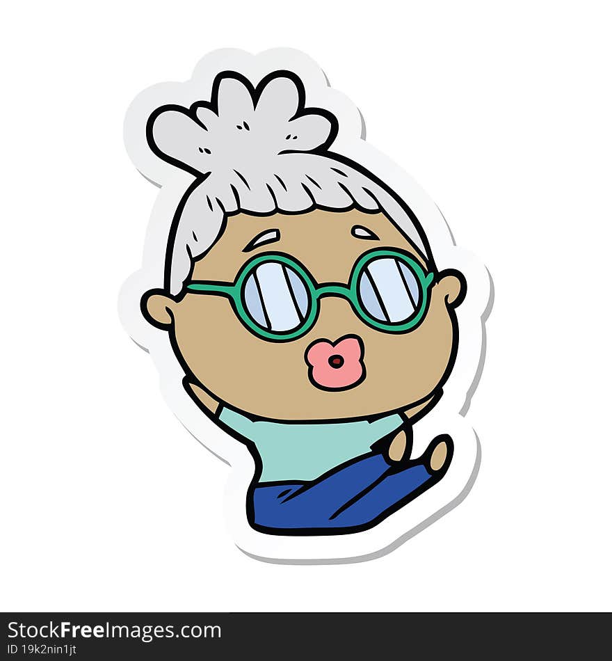 sticker of a cartoon sitting woman wearing spectacles