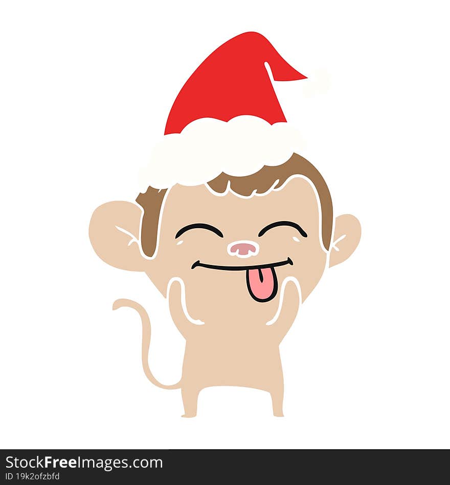 funny flat color illustration of a monkey wearing santa hat