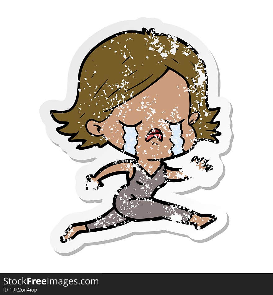 Distressed Sticker Of A Cartoon Girl Crying Whilst Running