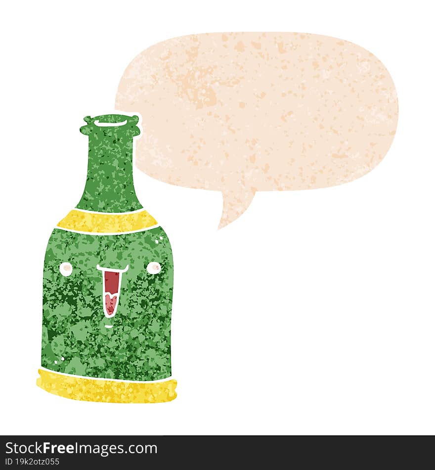 cartoon beer bottle and speech bubble in retro textured style