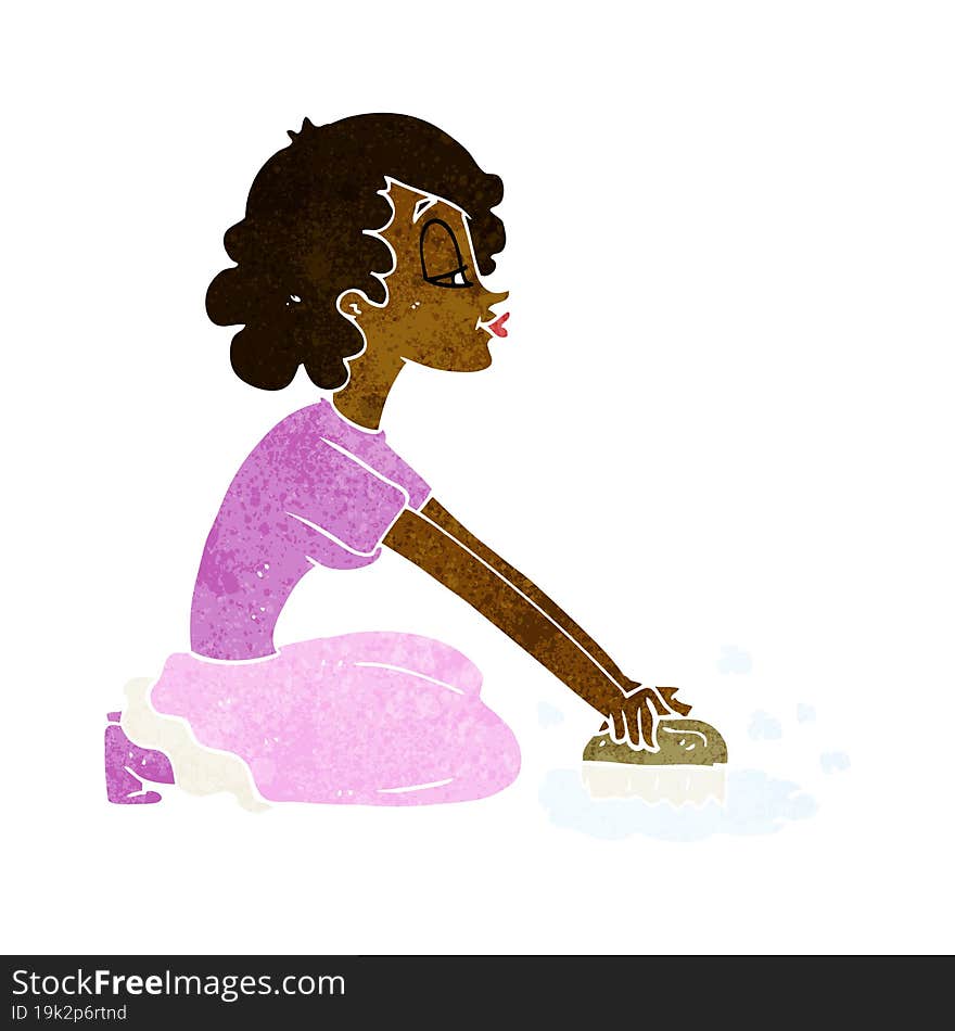 cartoon woman scrubbing floor