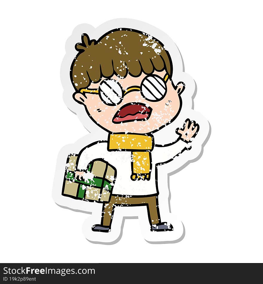 Distressed Sticker Of A Cartoon Boy Holding Gift And Wearing Spectacles