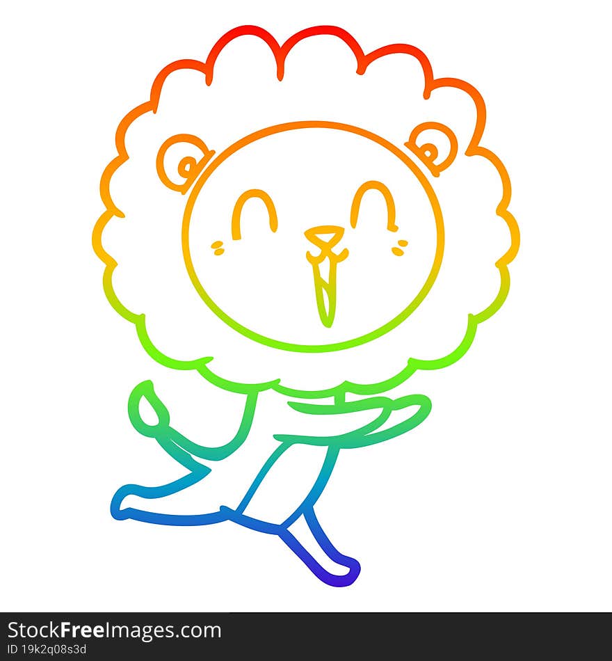 rainbow gradient line drawing of a laughing lion cartoon running