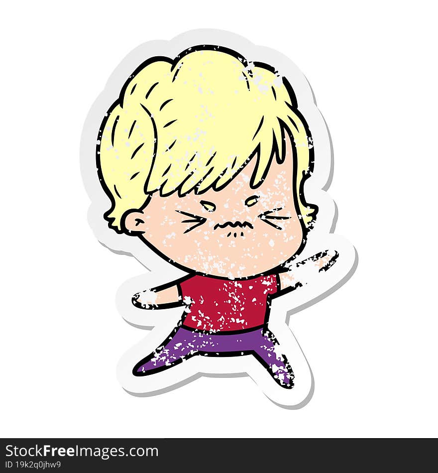 Distressed Sticker Of A Cartoon Frustrated Woman